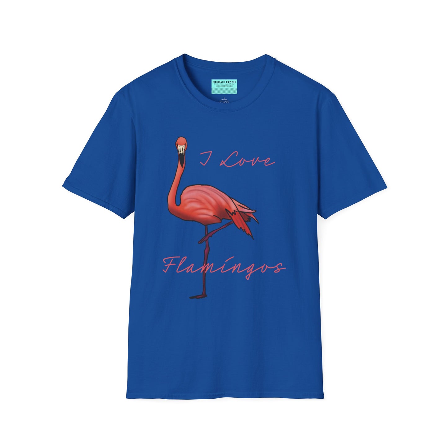 Royal blue unisex short-sleeve tee with a fabulously pink flamingo strutting its stuff and the words “I love flamingos” — for anyone whose spirit animal stands on one leg.