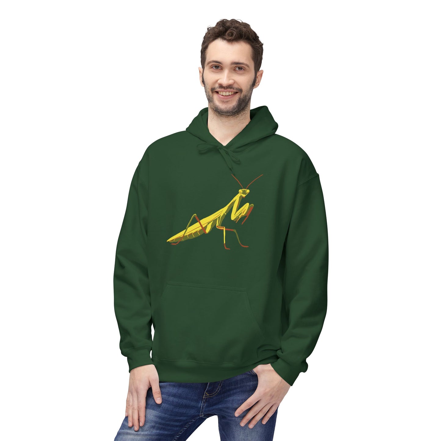 Man wearing a dark green unisex pullover hoodie featuring a striking illustration of a yellow and green praying mantis—because sometimes, you need to channel your inner insect warrior while staying cozy.
