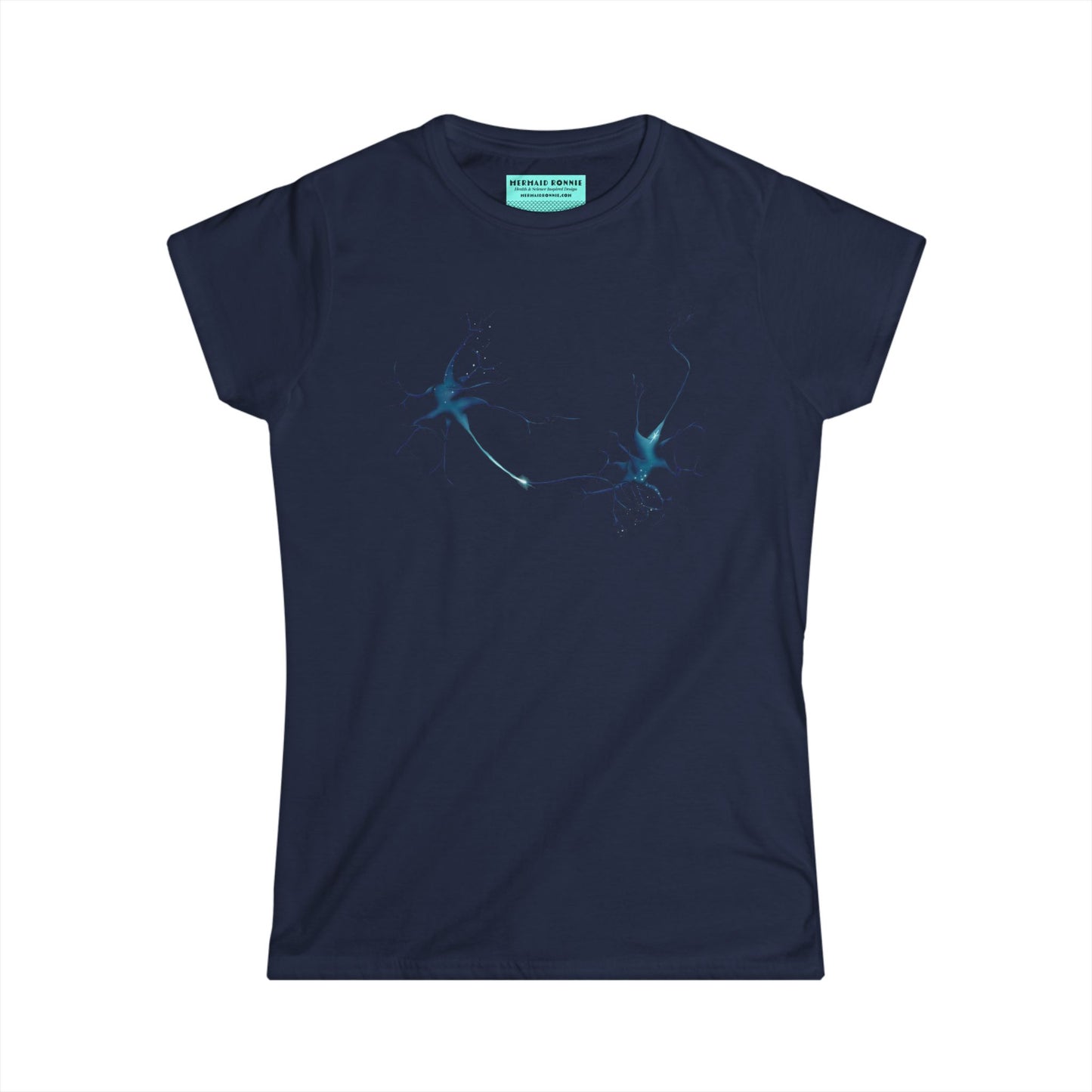 Women’s t-shirt in navy featuring an illustration of two multipolar neurons forming a synapse.