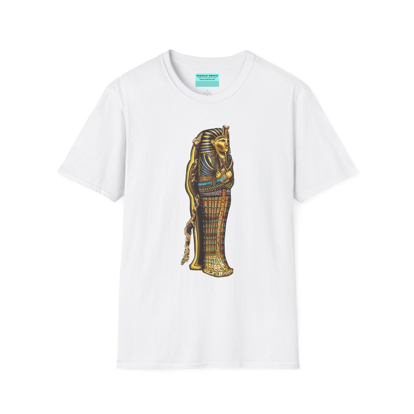 White t-shirt featuring an illustration of an Egyptian sarcophagus, with a mummy stepping out of it and glowing red eyes.