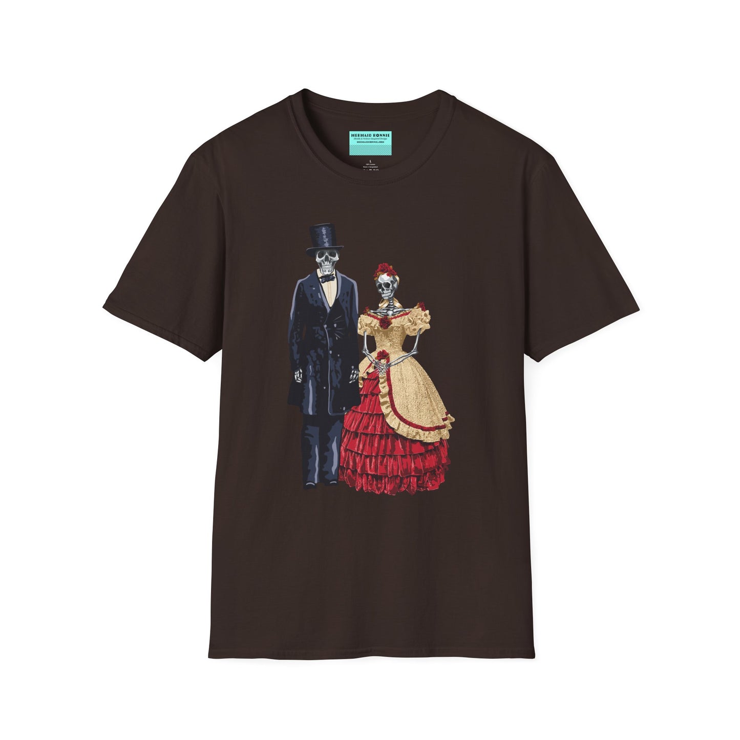 Brown t-shirt featuring skeletons dressed as Abraham and Mary Todd Lincoln, with the skeletons wearing period-specific clothing.