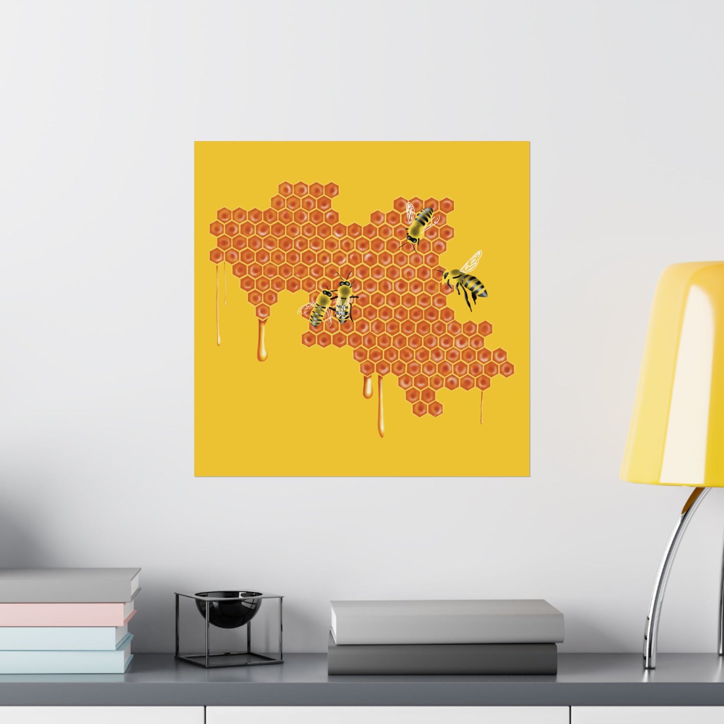 Honeybees on Honeycomb Wall Art Print, Dripping Honey, Yellow and Orange Nature Poster