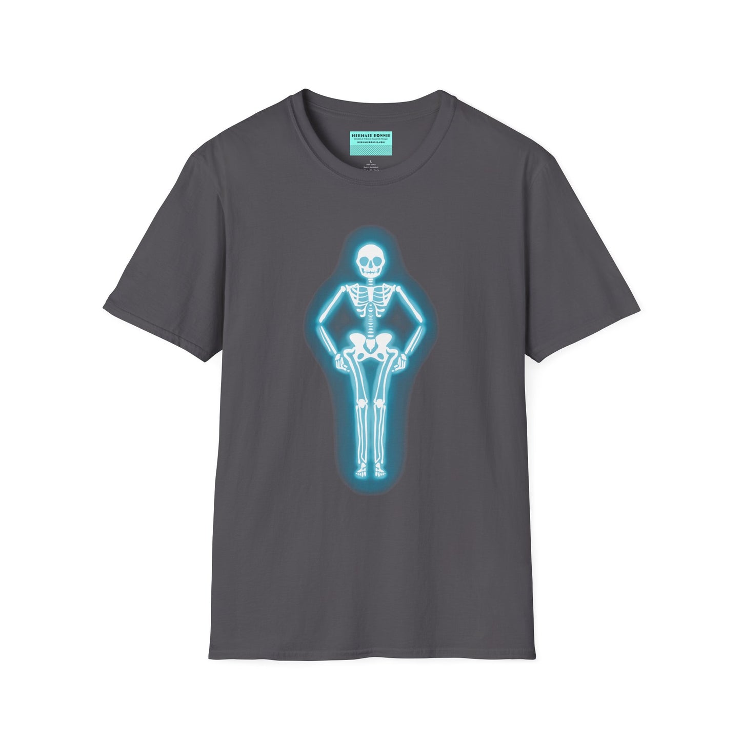 Dark grey t-shirt featuring an illustration of a glowing neon sign in the shape of a skeleton.
