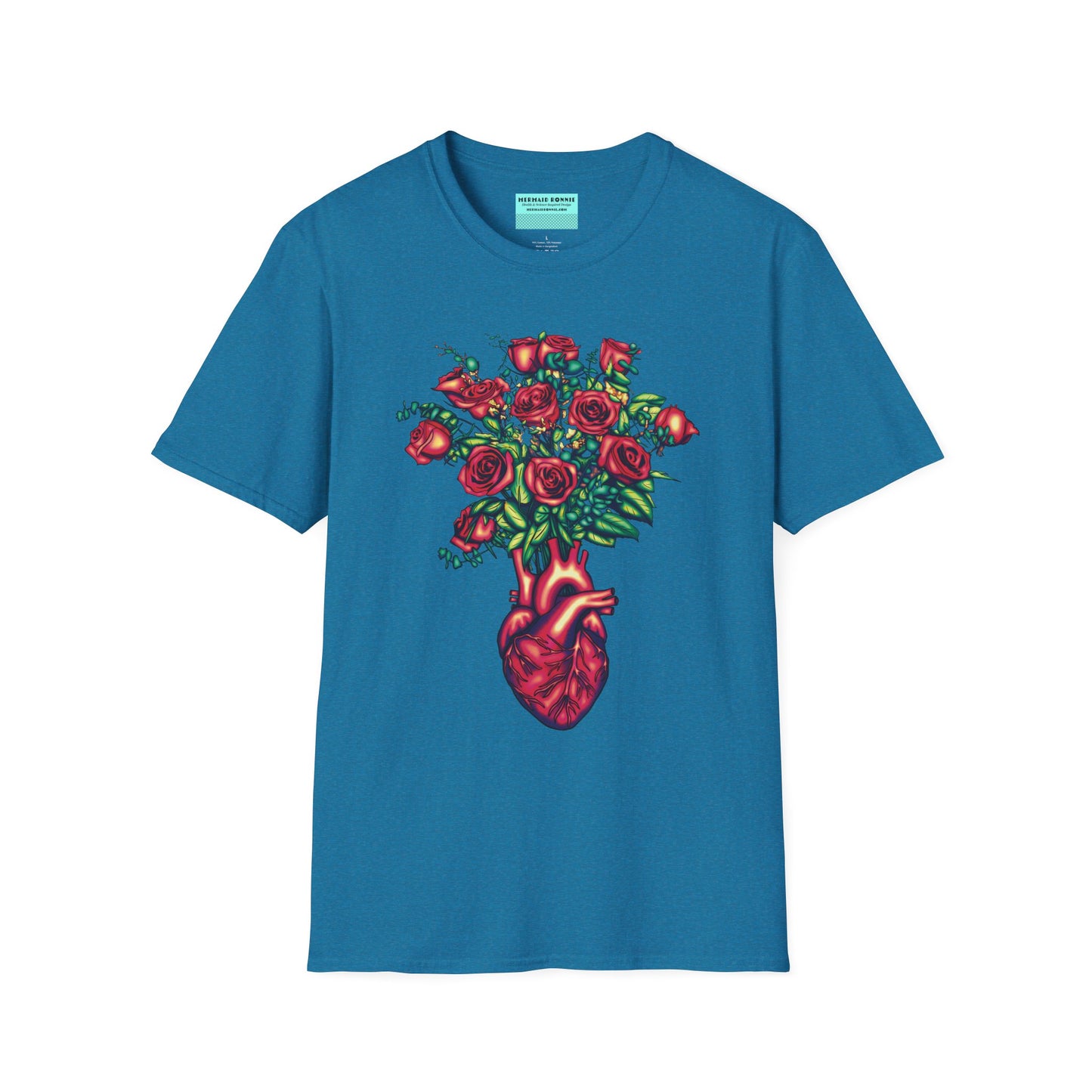 Tropical blue shirt featuring an illustration of an anatomical heart used as a vase, with a bouquet of roses emerging from it.