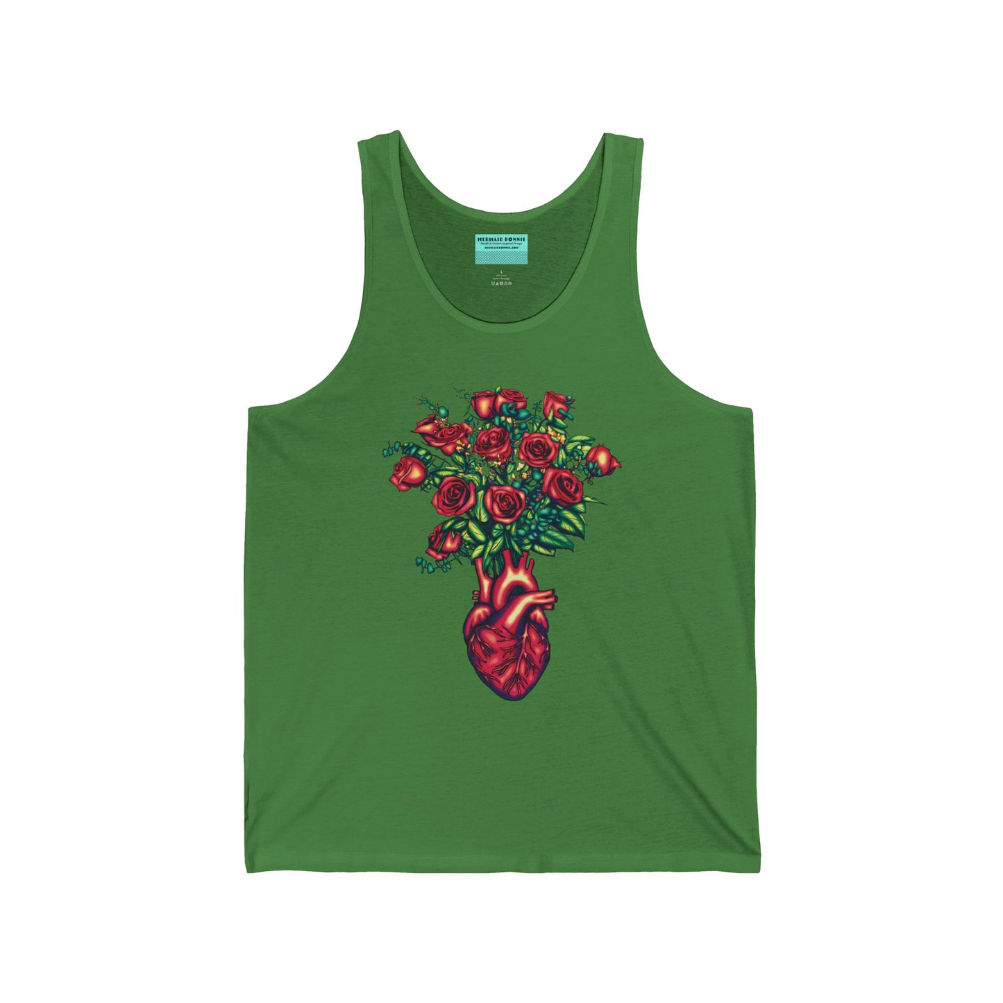 Light green unisex tank top featuring an illustration of an anatomical heart used as a vase, with a bouquet of red roses blooming from the top.