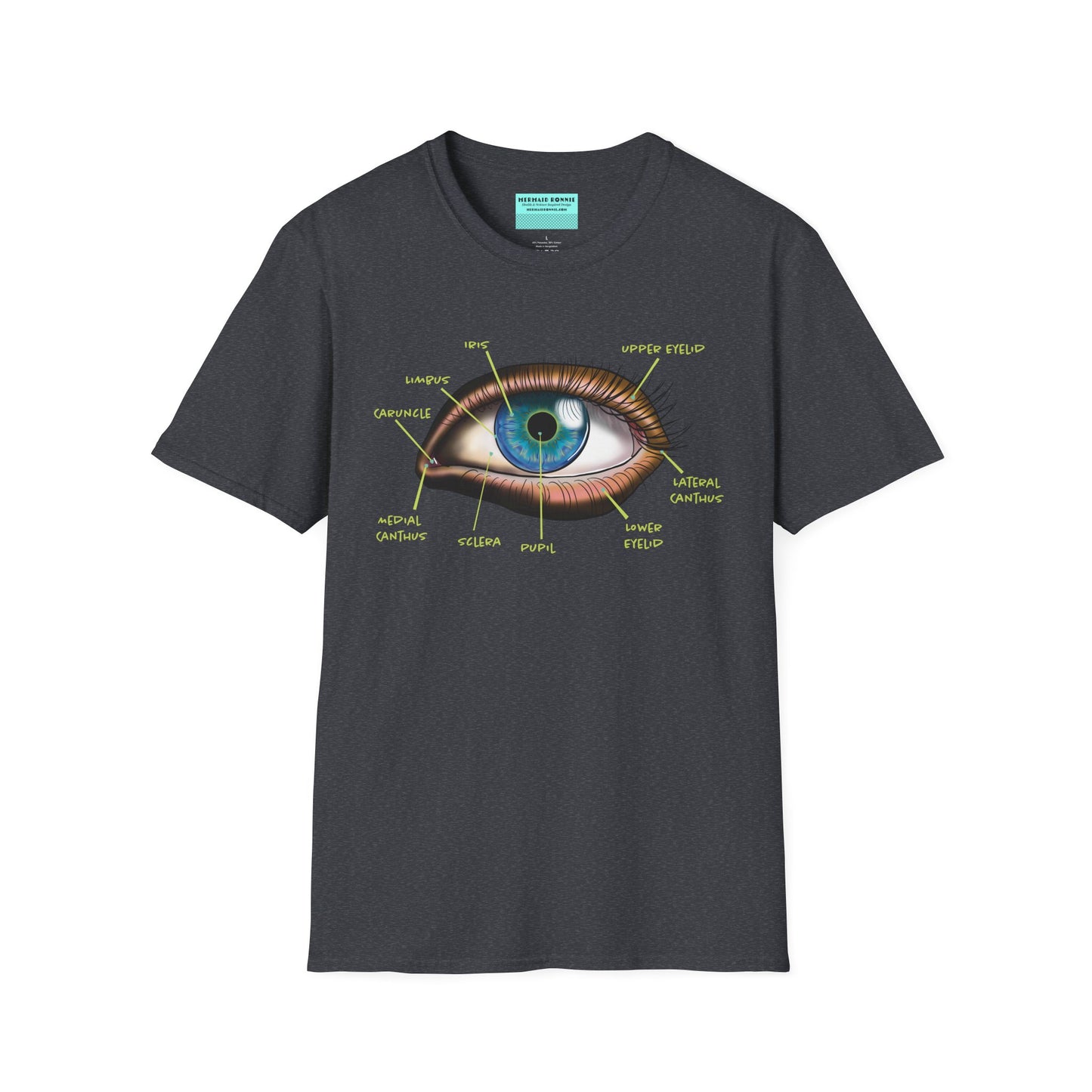 Grey shirt featuring an anatomical diagram of an eye, with labeled parts of the eye displayed.