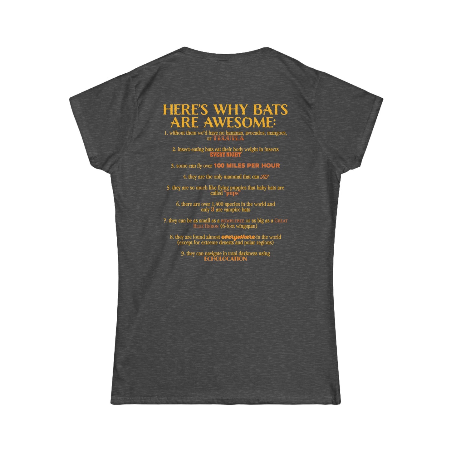 Back of a women’s t-shirt in dark grey, with the heading 'Here’s why bats are awesome' followed by a list of nine bat facts printed beneath it.