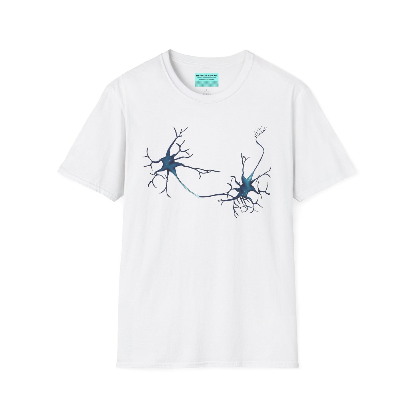 White t-shirt featuring an illustration of two blue neurons extending toward each other and forming a synapse across the front.