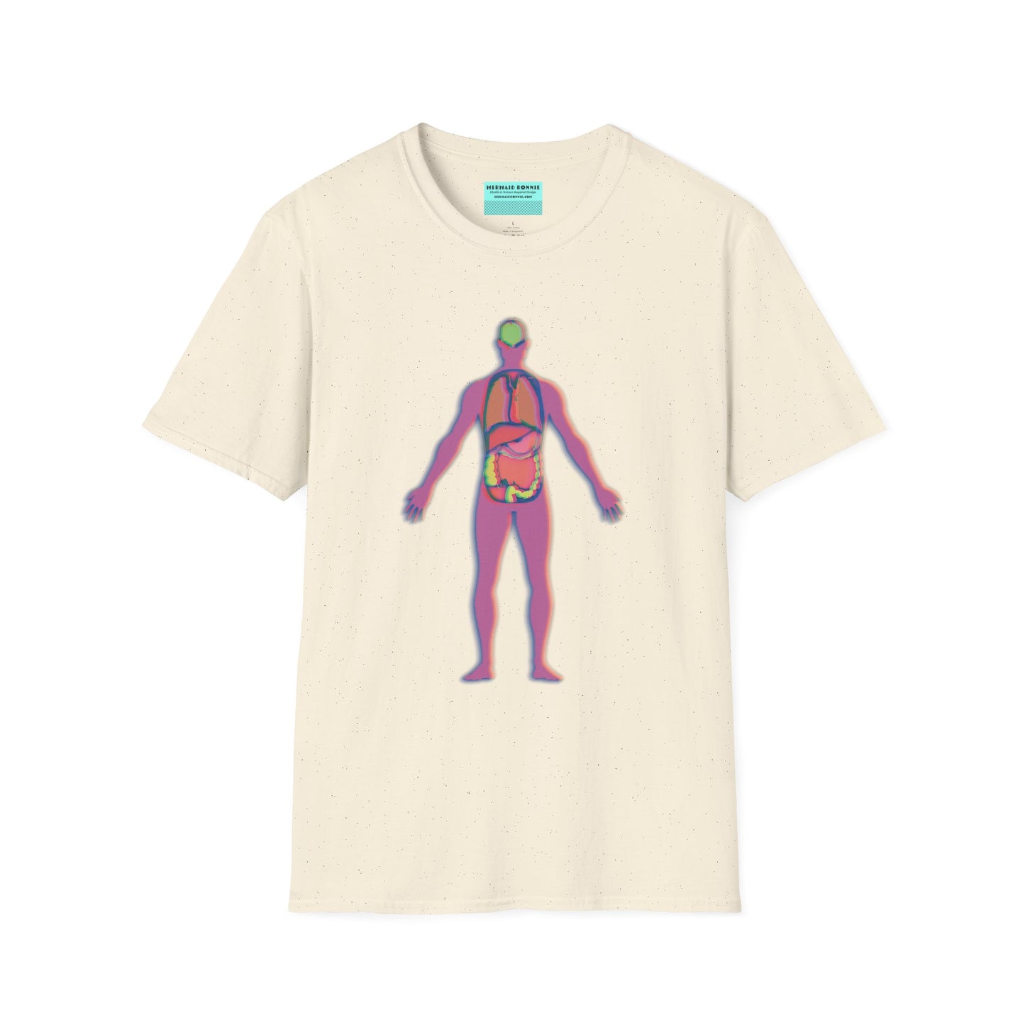 Beige t-shirt featuring an illustration of an anatomical figure with internal organs shown in different colors.