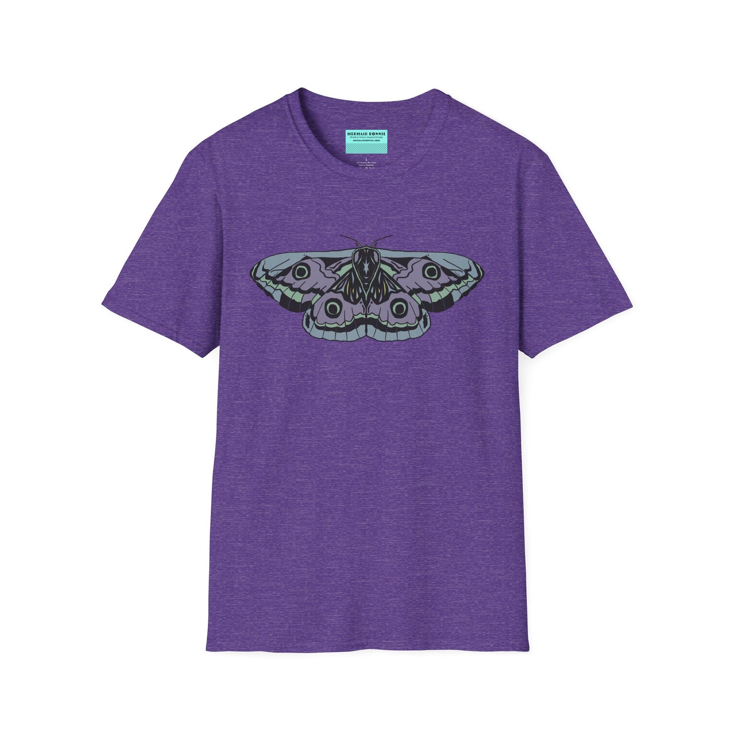 Purple t-shirt featuring a drawing of a blue and purple moth.