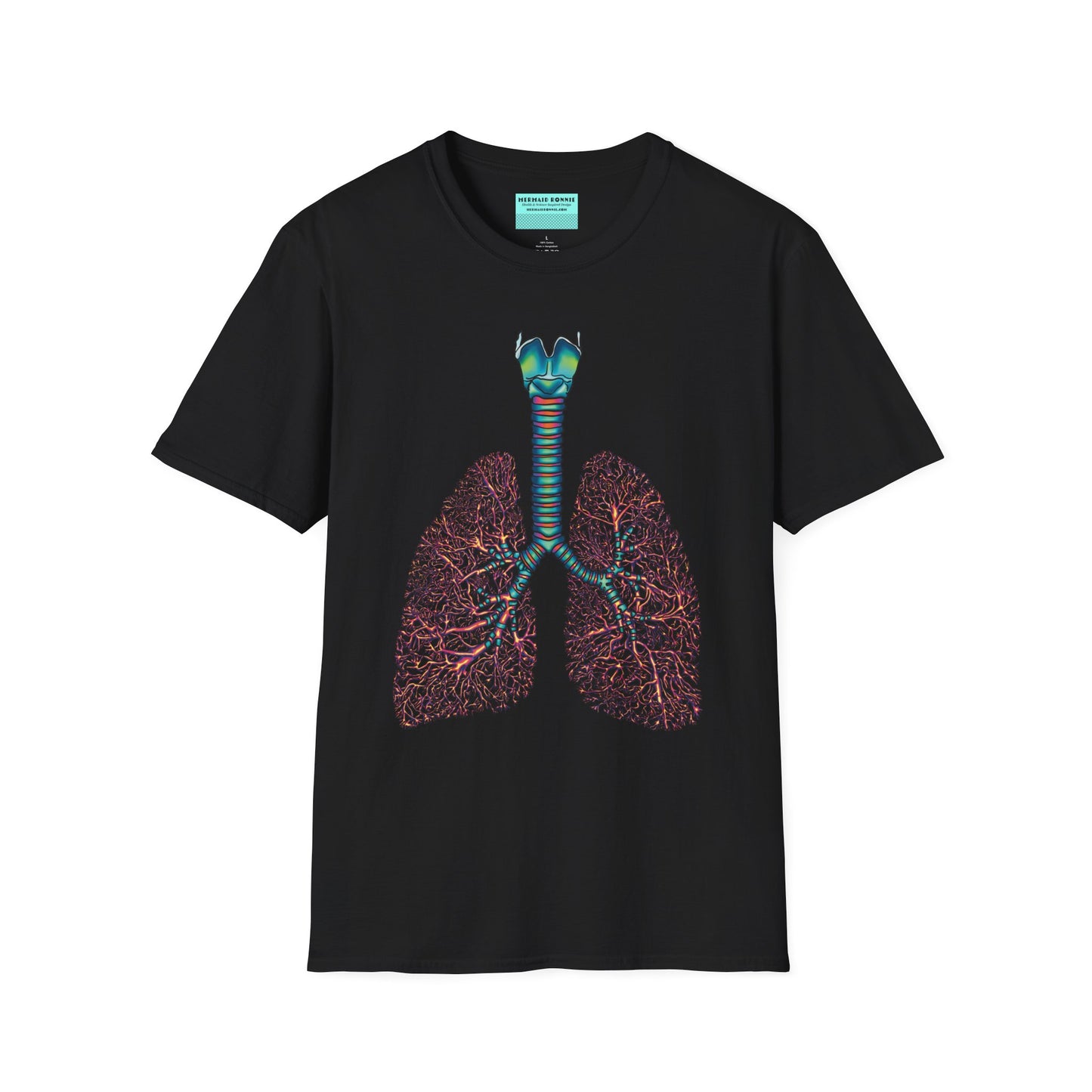 Black t-shirt featuring an illustration of anatomical lungs, including the bronchi, trachea, and larynx.