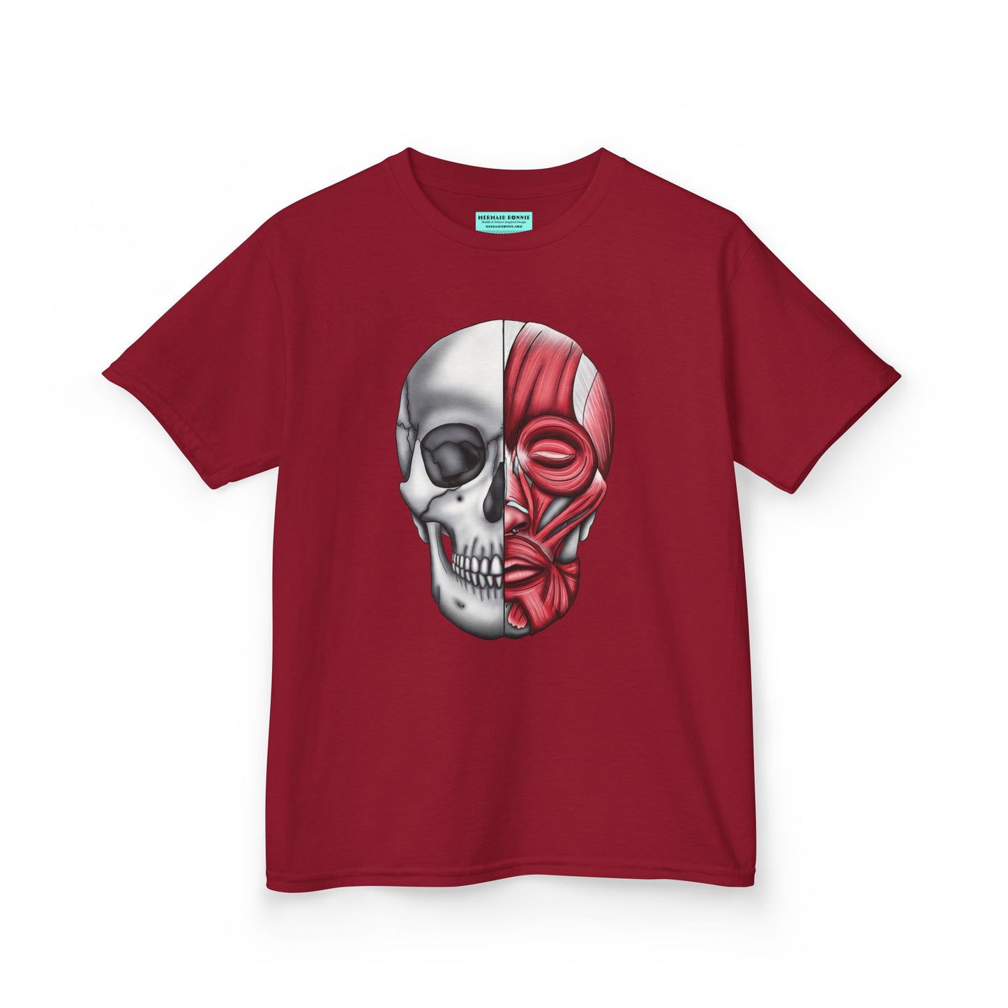 Kids' t-shirt in dark red featuring an anatomical drawing of a human skull, with facial muscles illustrated on one half of the skull.