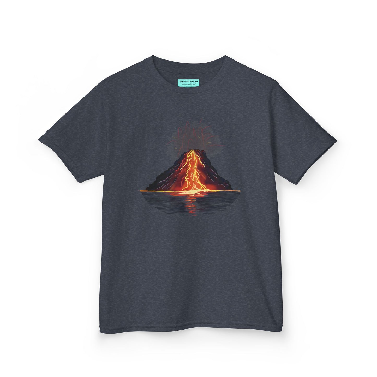A heather navy kid's t-shirt featuring a fiery illustration of an erupting volcano—because even the most explosive adventures start with a great outfit!