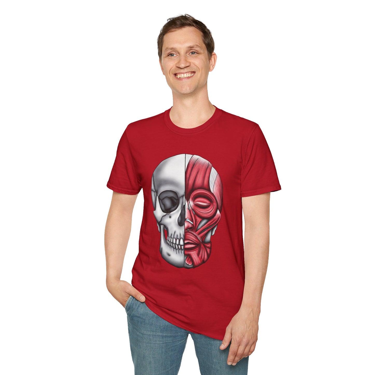 Man wearing a red shirt featuring an anatomically correct skull illustration, with half of the skull covered by facial muscles.