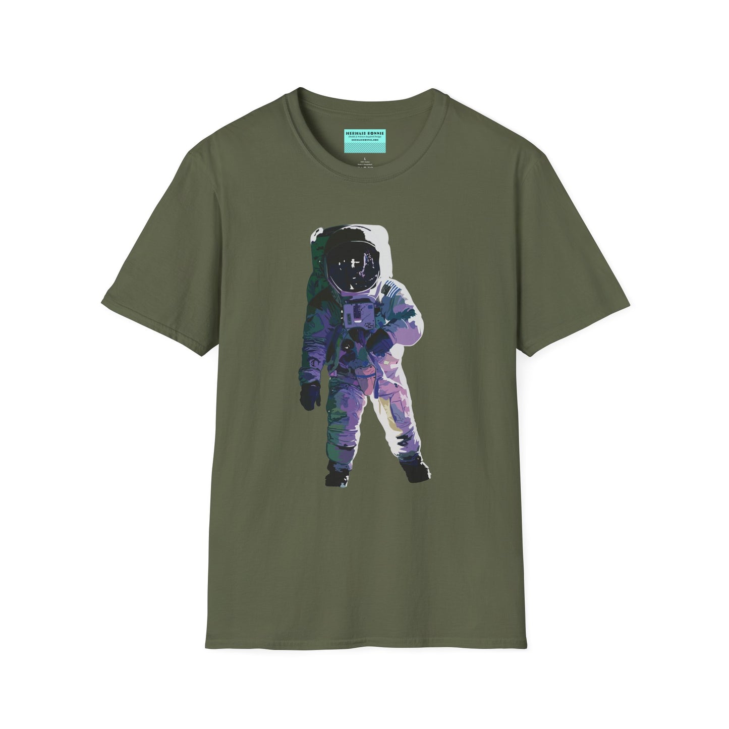 Military green t-shirt featuring a drawing of an astronaut in a space suit.