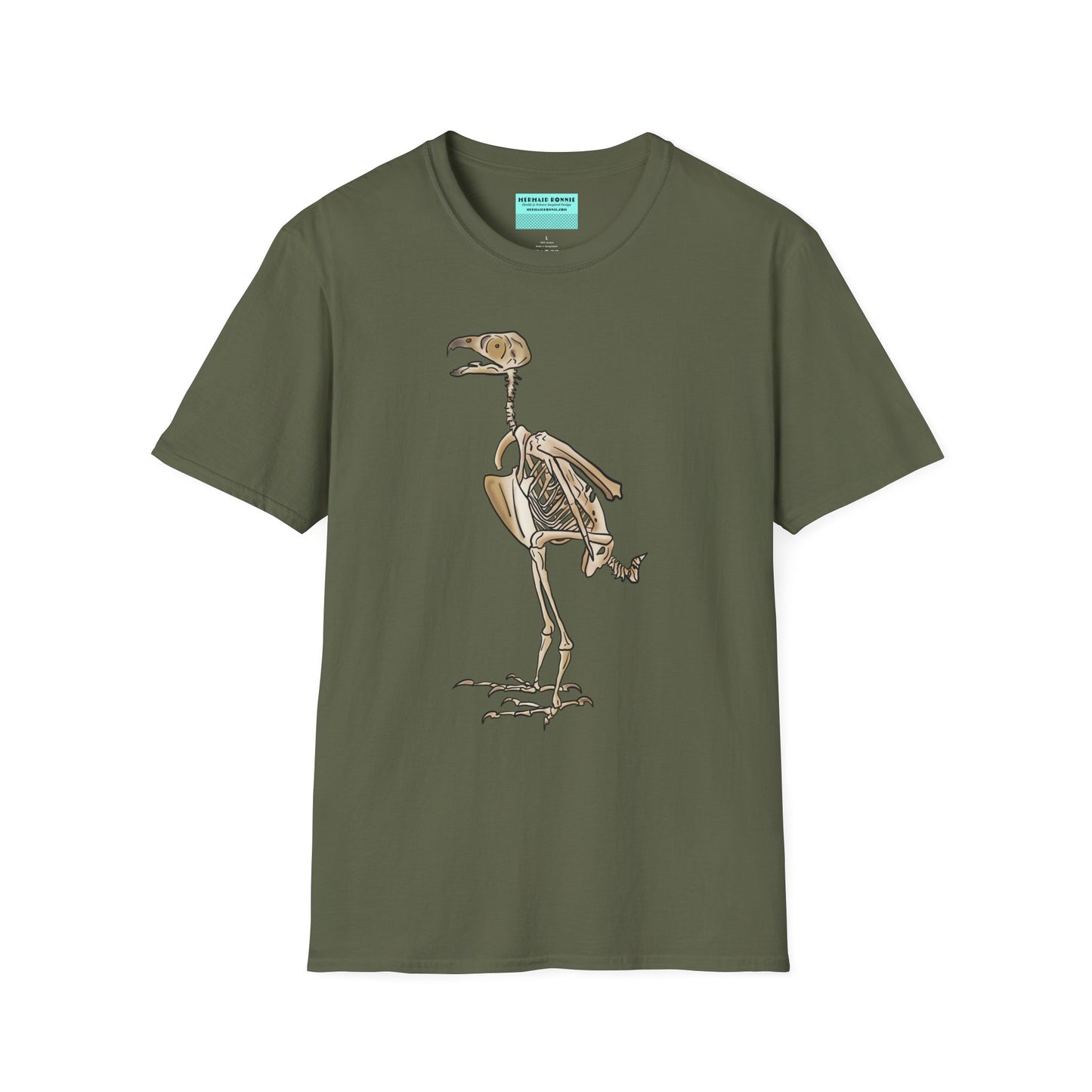 Military green unisex short sleeve t-shirt featuring a peregrine falcon skeleton—proof that even the fastest creature on Earth looks cool in x-ray vision.