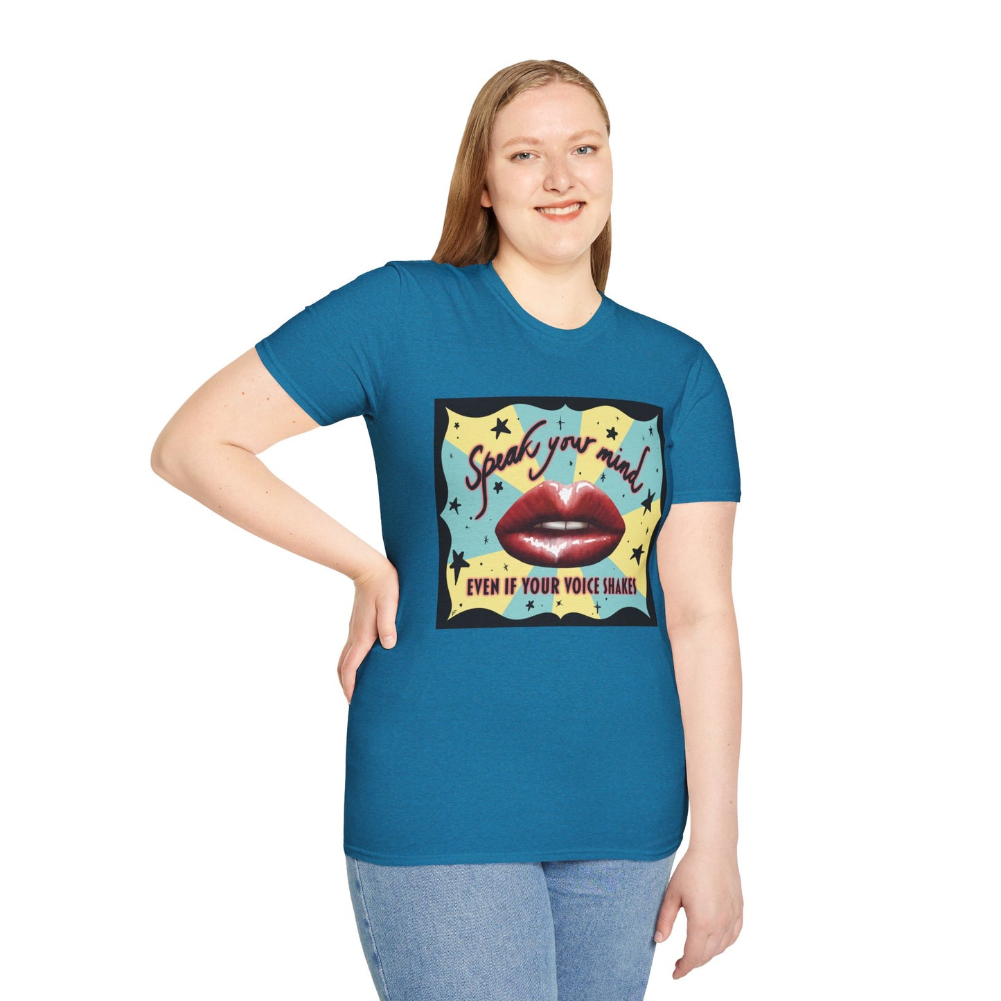 Woman wearing a blue t-shirt featuring an illustration of red lips and the phrase 'Speak your mind, even if your voice shakes.'