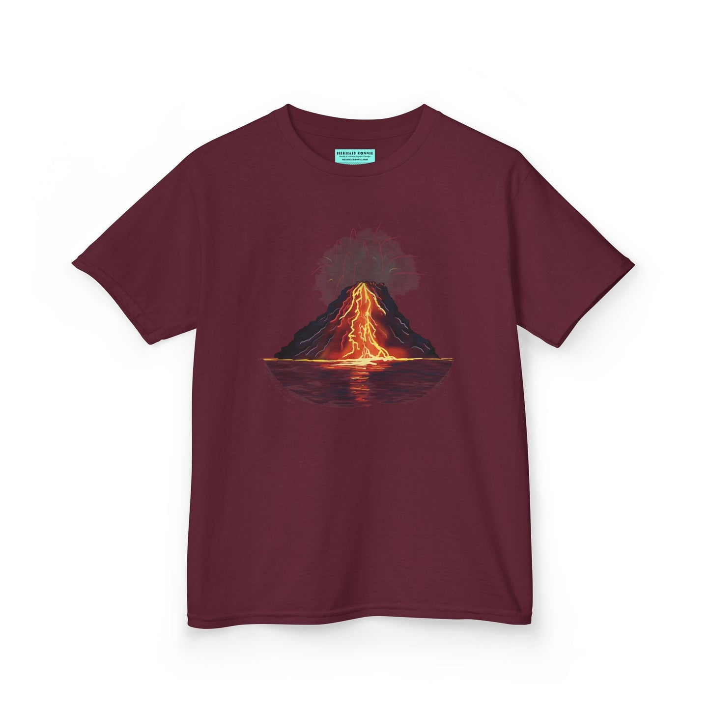 A burgundy kid's t-shirt featuring a fiery illustration of an erupting volcano—because even the most explosive adventures start with a great outfit!