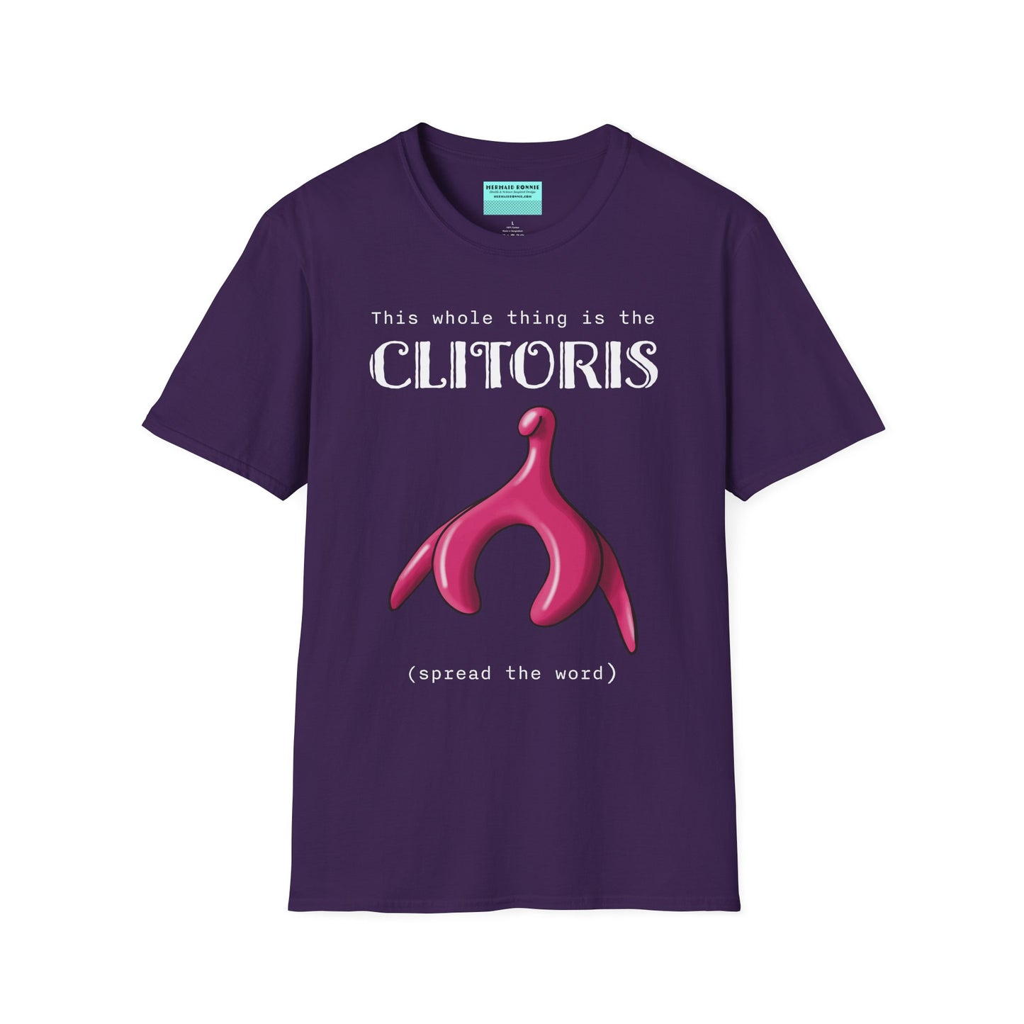 Purple t-shirt with an illustration of the clitoris and white text that reads 'this whole thing is the clitoris. spread the word’.