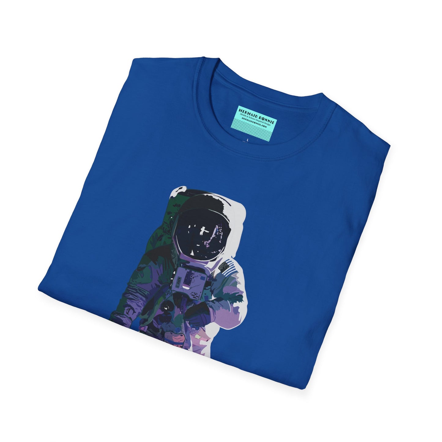 Folded royal blue t-shirt featuring a drawing of an astronaut in a space suit.