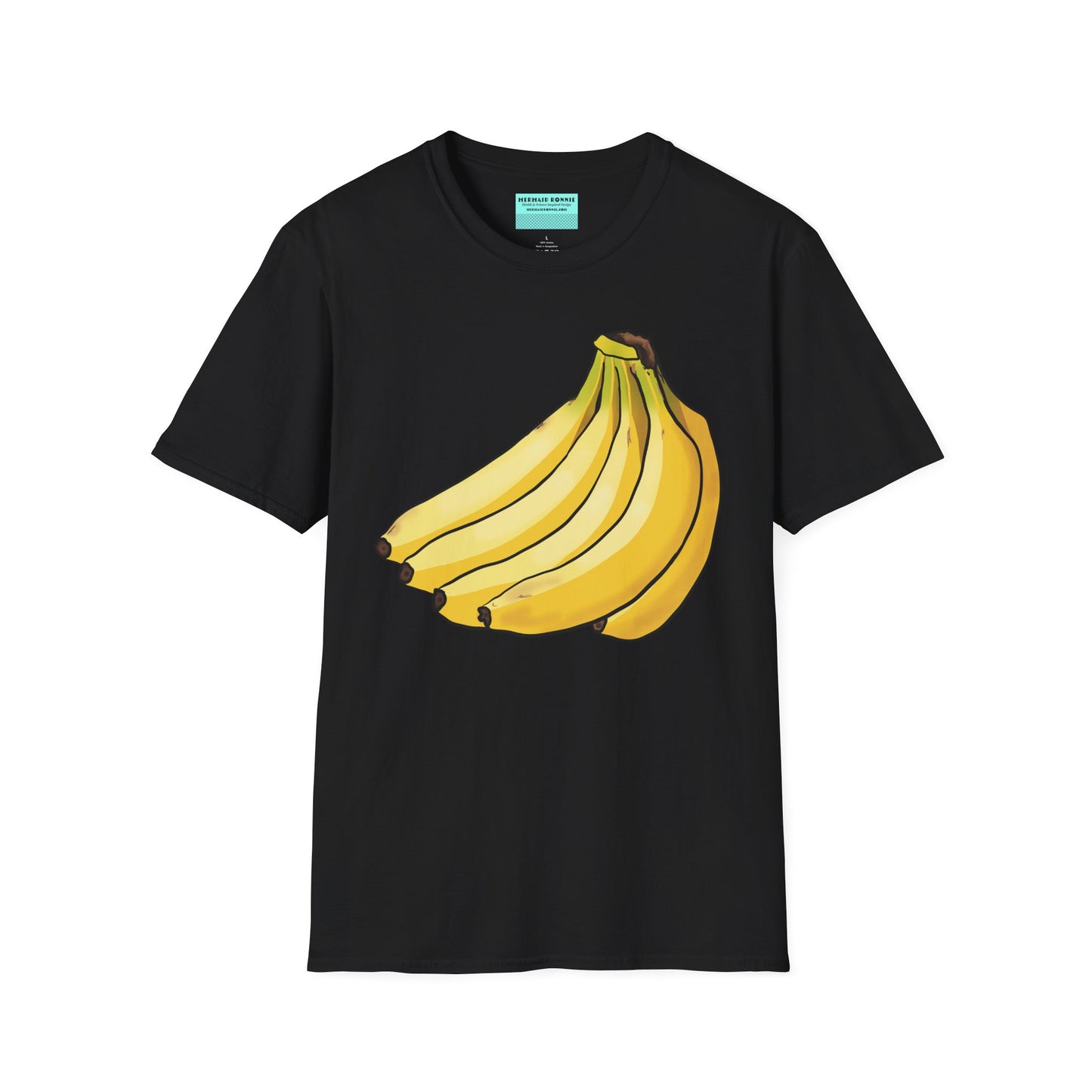 Black t-shirt featuring an illustration of a bunch of bananas.