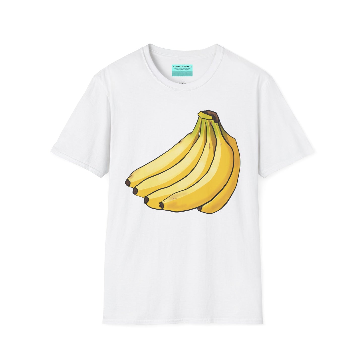 White t-shirt featuring an illustration of a bunch of bananas.
