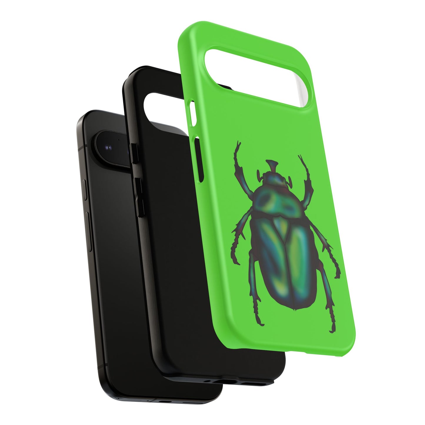 Lime green phone case featuring a dazzling illustration of a green and blue June bug—this iridescent little beetle brings all the shine without the buzz. The layers of the case are shown here.