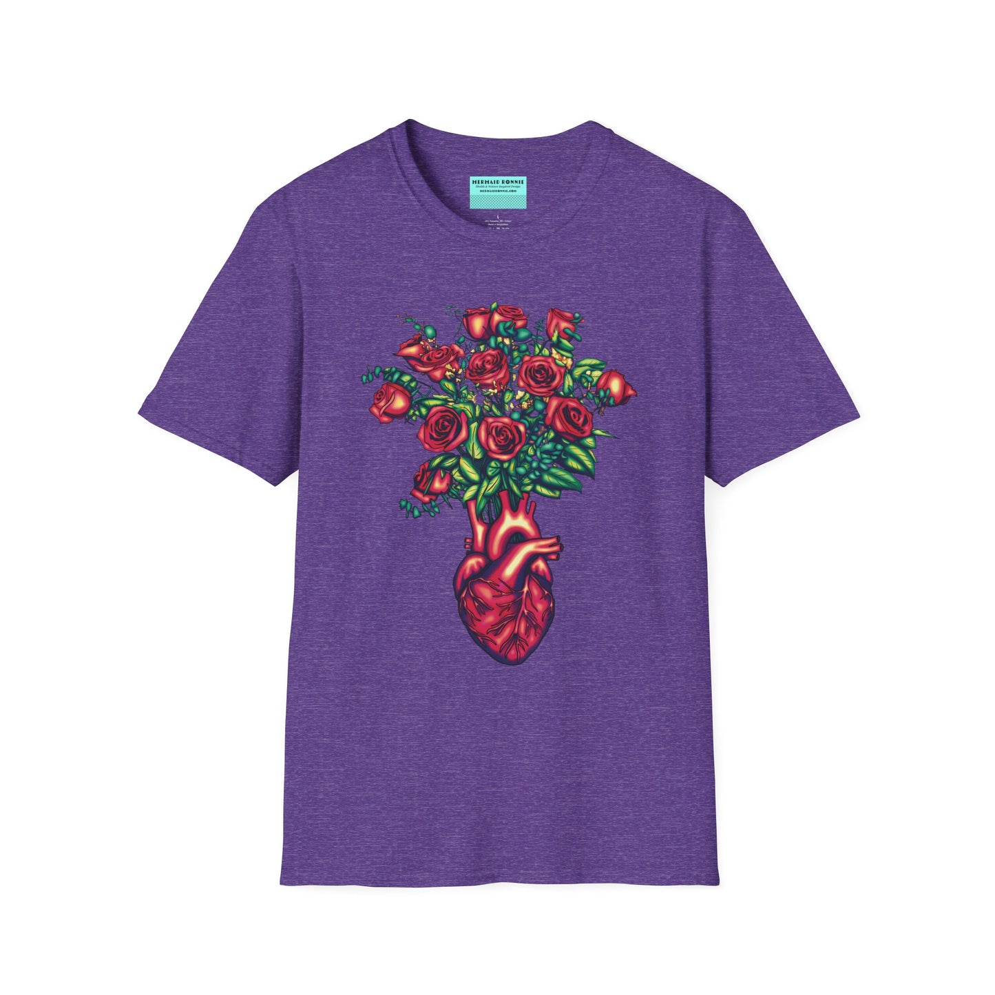 Purple shirt featuring an illustration of an anatomical heart used as a vase, with a bouquet of roses emerging from it.