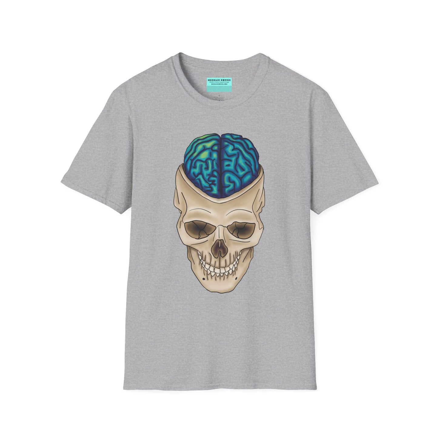 Light grey t-shirt featuring a drawing of an anatomical skull, with a brain emerging from the top.