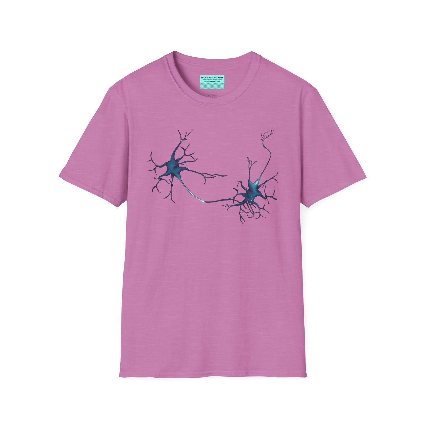 Light purple t-shirt featuring an illustration of two blue neurons extending toward each other and forming a synapse across the front.