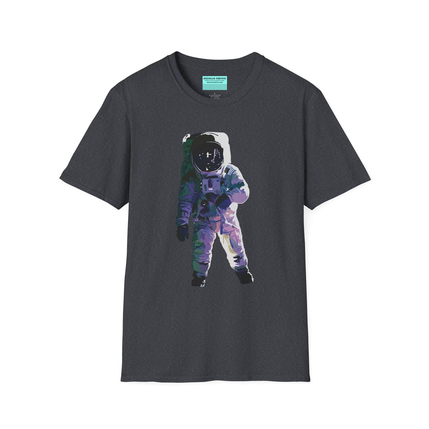 Dark grey t-shirt featuring a drawing of an astronaut in a space suit.