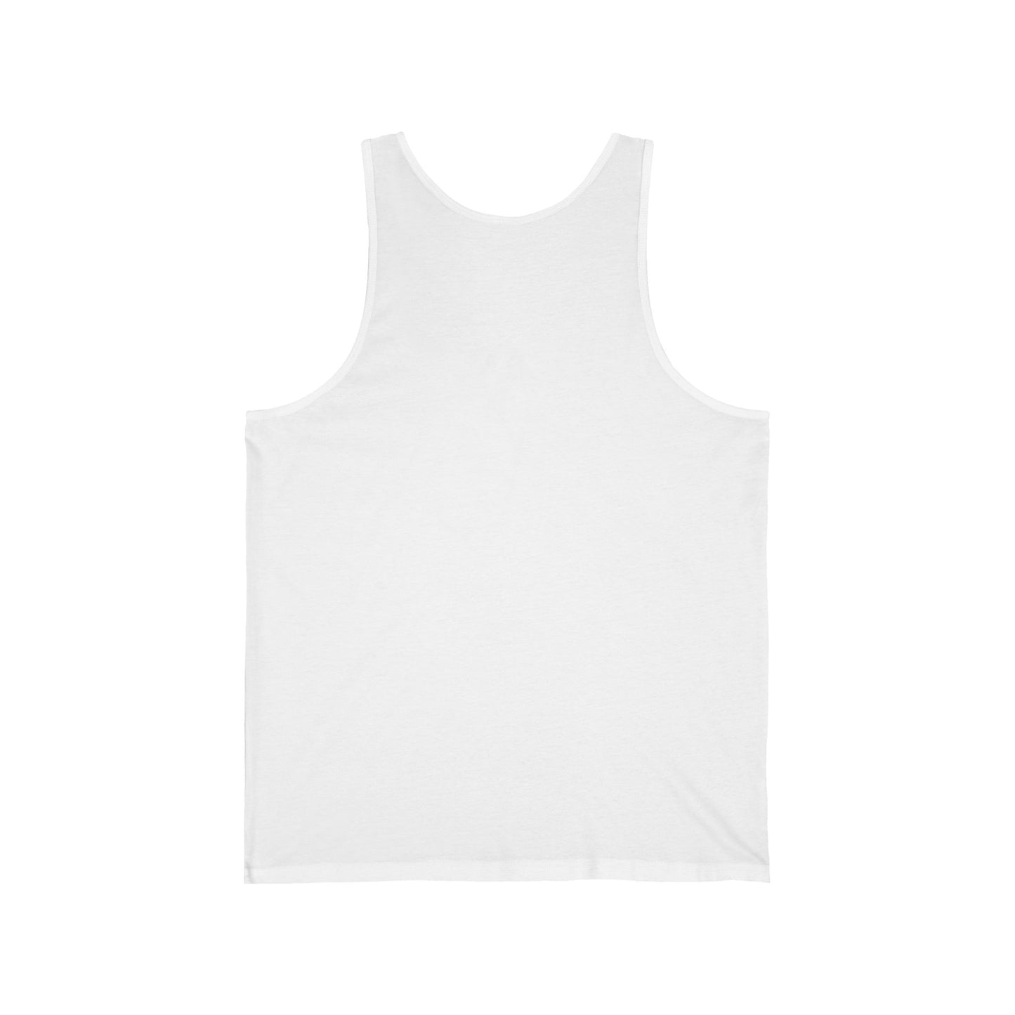 The back view of a white unisex adult tank top.