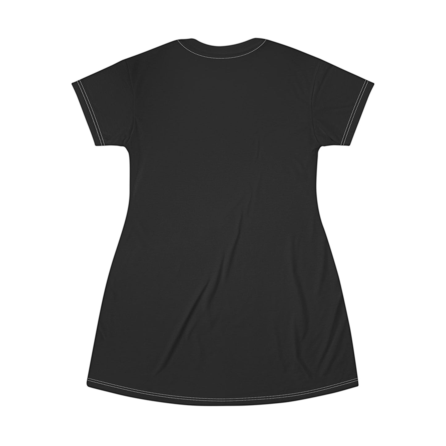 The posterior side of a black t-shirt dress with white stitching