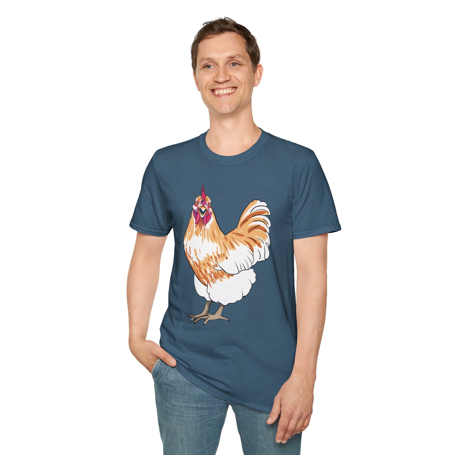 Man wearing a blue t-shirt featuring an illustration of a chicken.