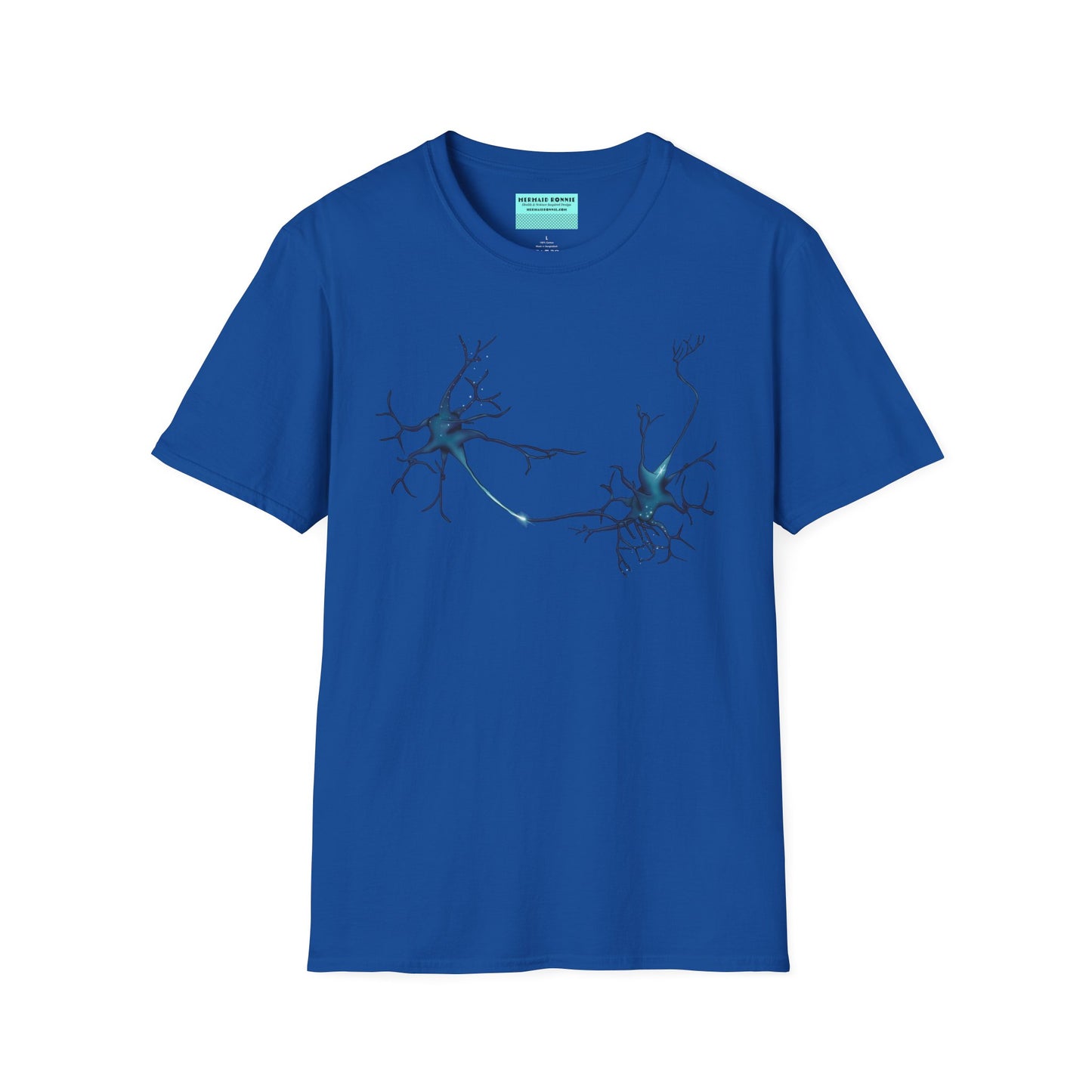 Royal blue t-shirt featuring an illustration of two blue neurons extending toward each other and forming a synapse across the front.