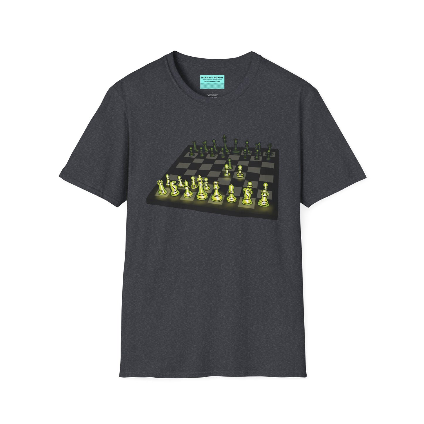Dark grey unisex short-sleeve t-shirt featuring an electrifying chess board with glowing pieces mid–Queen’s Gambit, because nothing says “checkmate” like opening with flair and a radiant strategy.