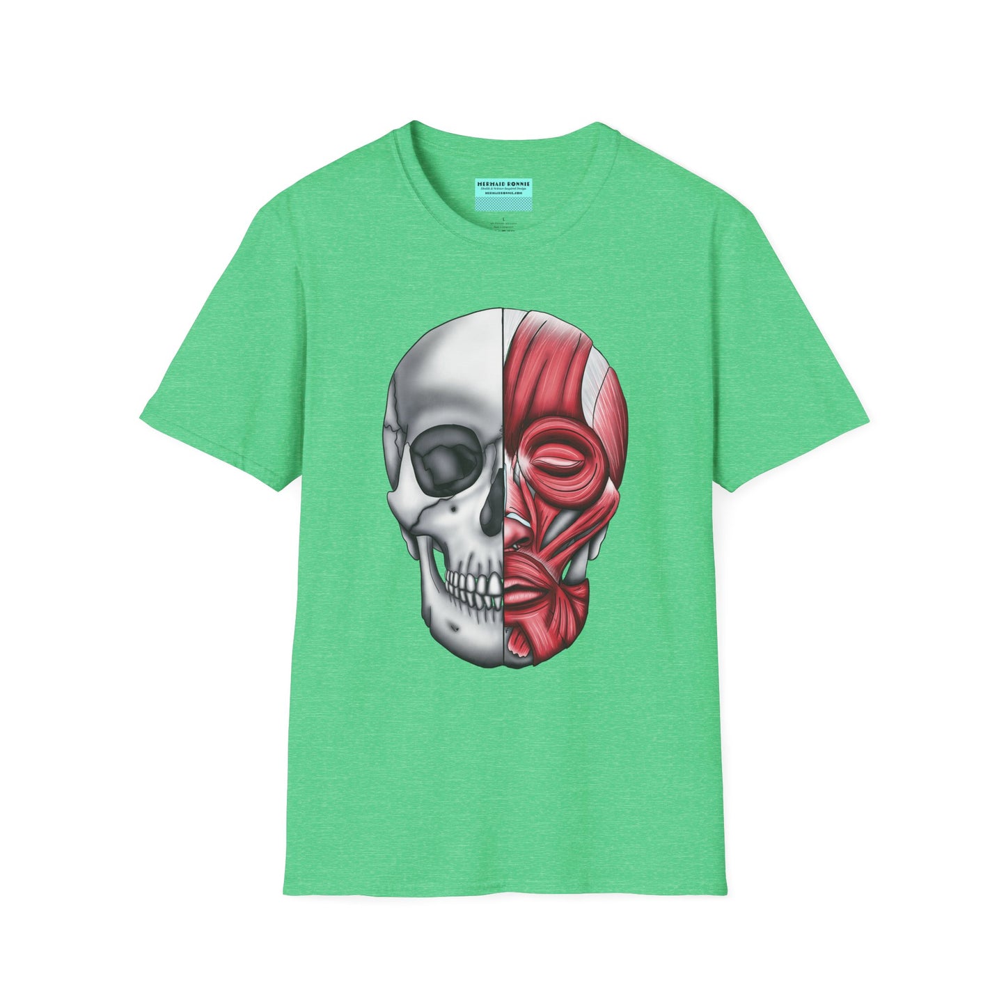 Green shirt featuring an anatomically correct skull illustration, with half of the skull covered by facial muscles.