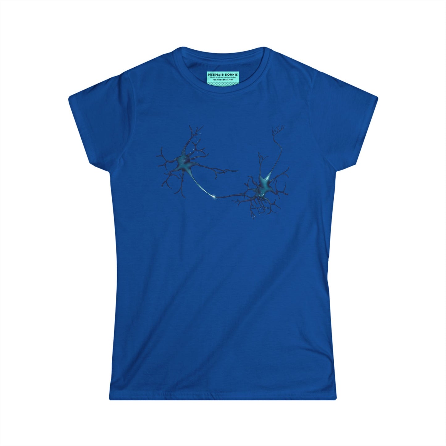 Women’s t-shirt in royal blue featuring an illustration of two multipolar neurons forming a synapse.