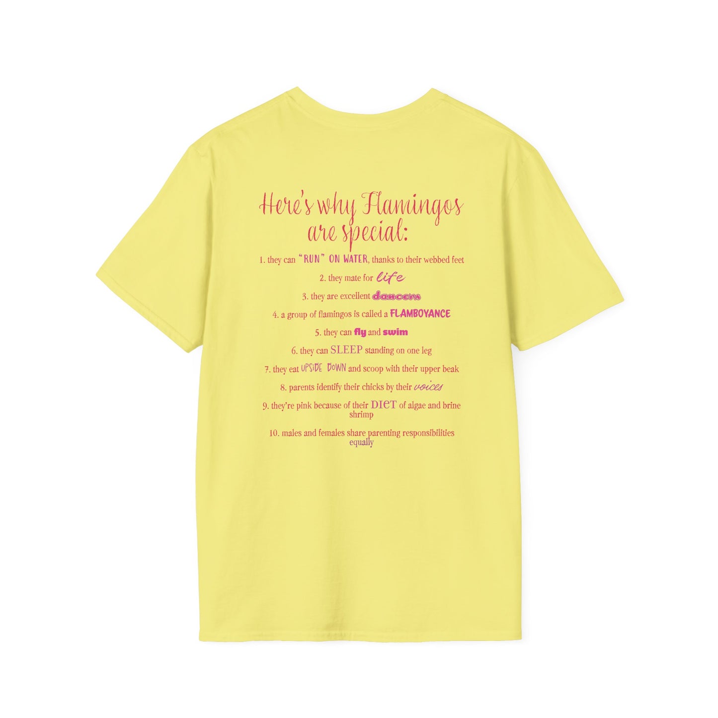 Back of a yellow unisex short-sleeve tee that proudly declares “Here’s why flamingos are special” above a list of 10 fun flamingo facts — because nothing says style like bird-based trivia on your back.