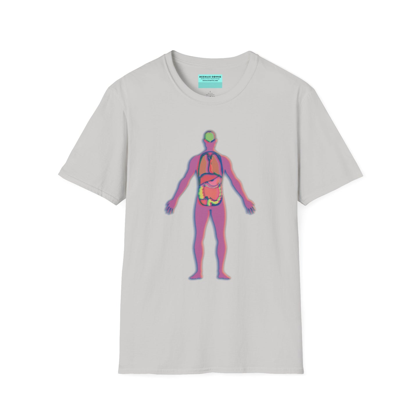 Grey t-shirt featuring an illustration of an anatomical figure with internal organs shown in different colors.