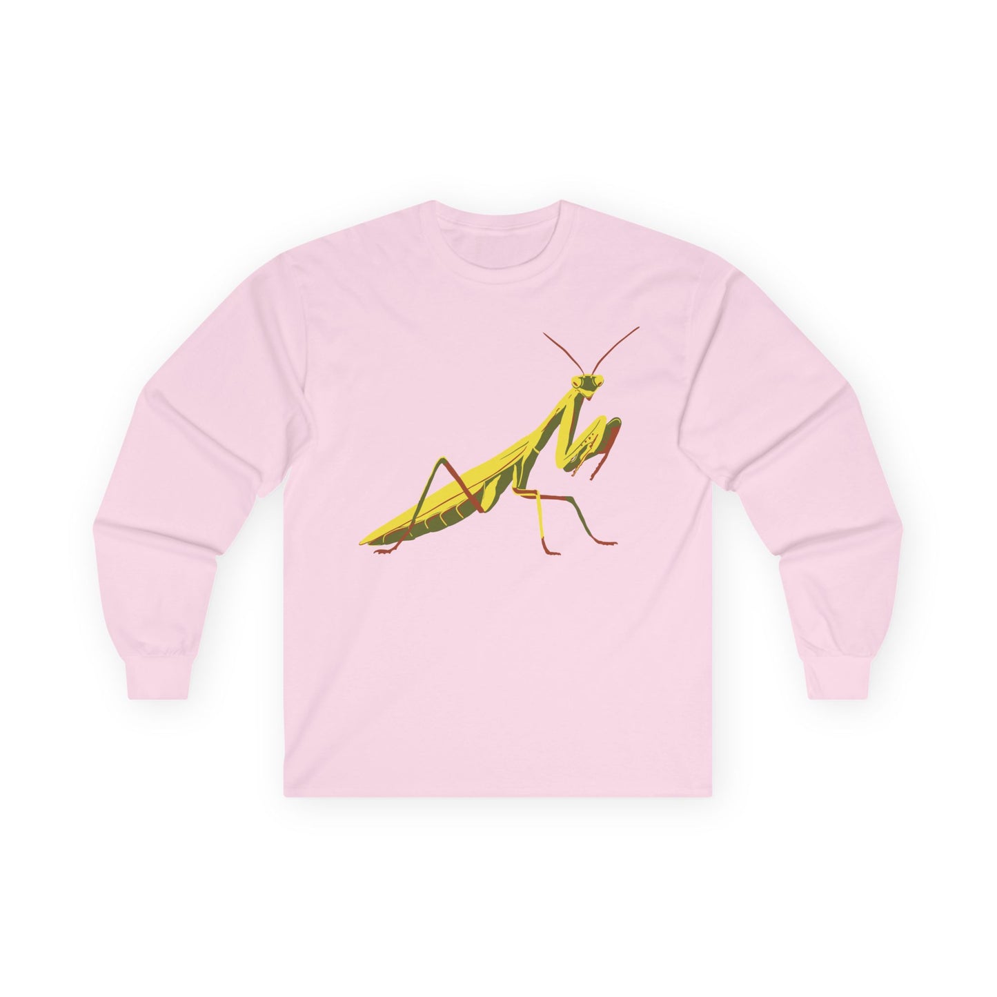 Long sleeve unisex pink shirt featuring an illustration of a yellow and green praying mantis insect on the front.