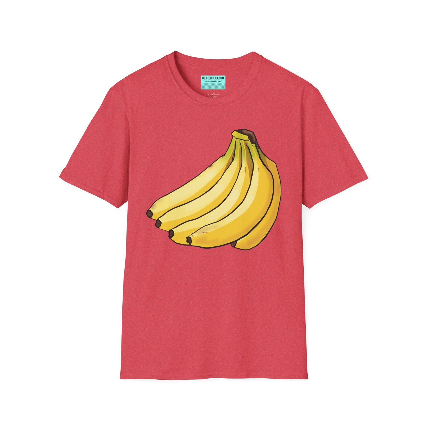 Coral t-shirt featuring an illustration of a bunch of bananas.