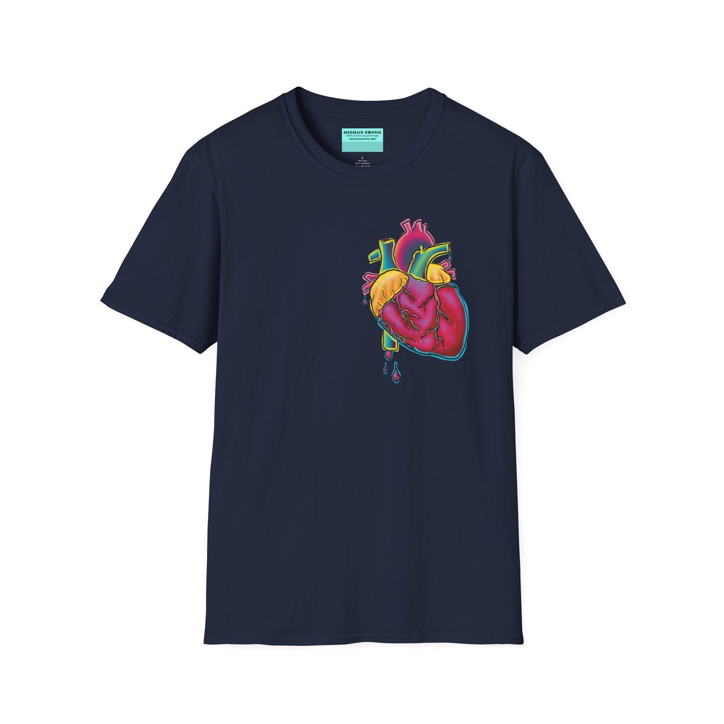 Navy unisex short sleeve t-shirt featuring a bold neon anatomical heart front and off-center, complete with dripping blood vessels—because nothing says “wear your heart on your sleeve” like wearing it smack on your chest in highlighter tones.
