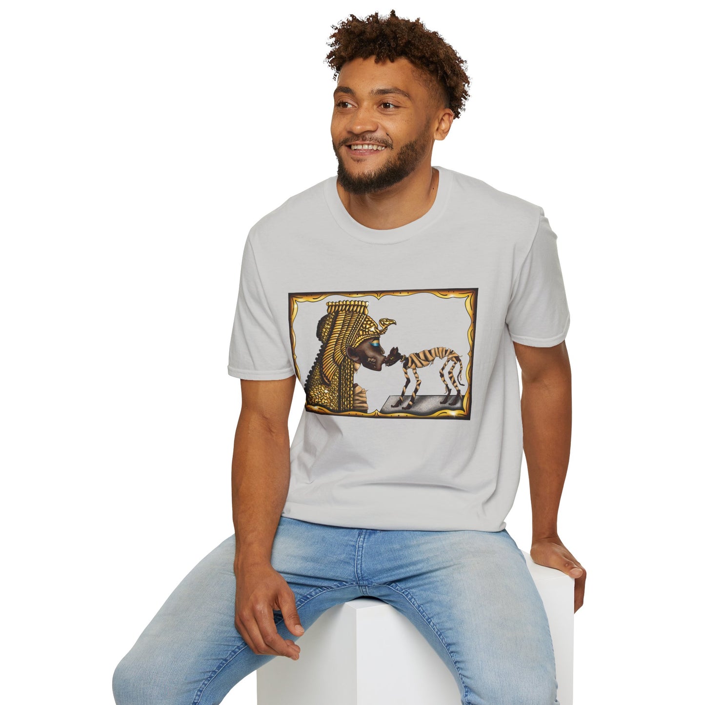 Man wearing a grey t-shirt featuring an illustration of Cleopatra mummy kissing a cat mummy.