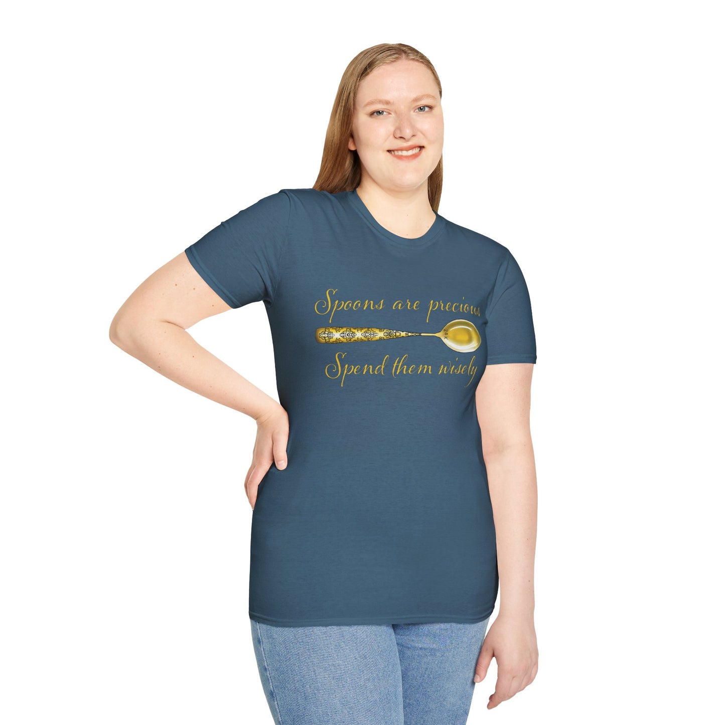 Woman wearing an indigo blue t-shirt featuring a picture of a gold spoon and the phrase 'Spoons are precious, spend them wisely.'