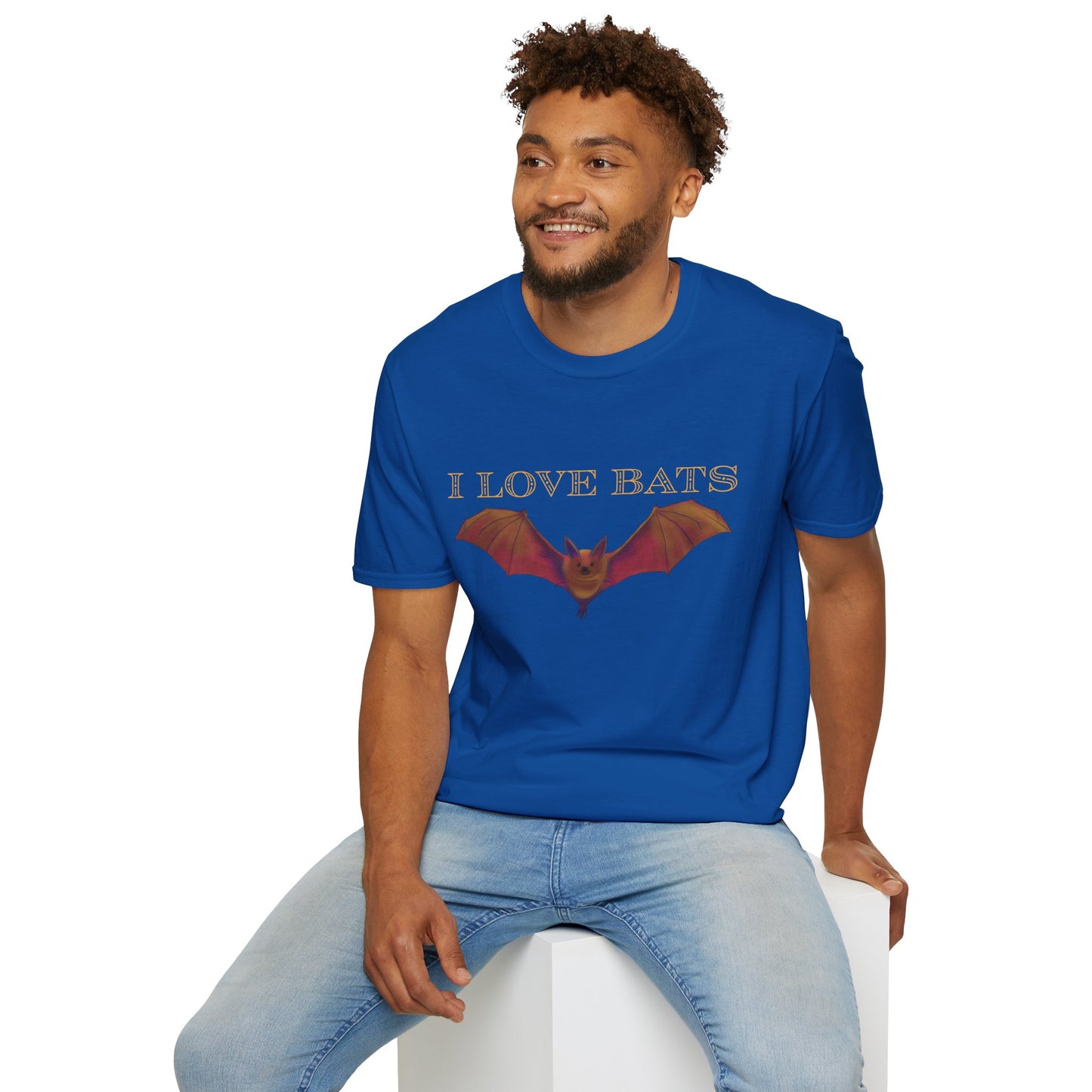 Man wearing a royal blue t-shirt featuring an irresistibly adorable brown bat with outstretched wings across the chest and the text “I love bats” — perfect for anyone who’s batty about flying mammals.