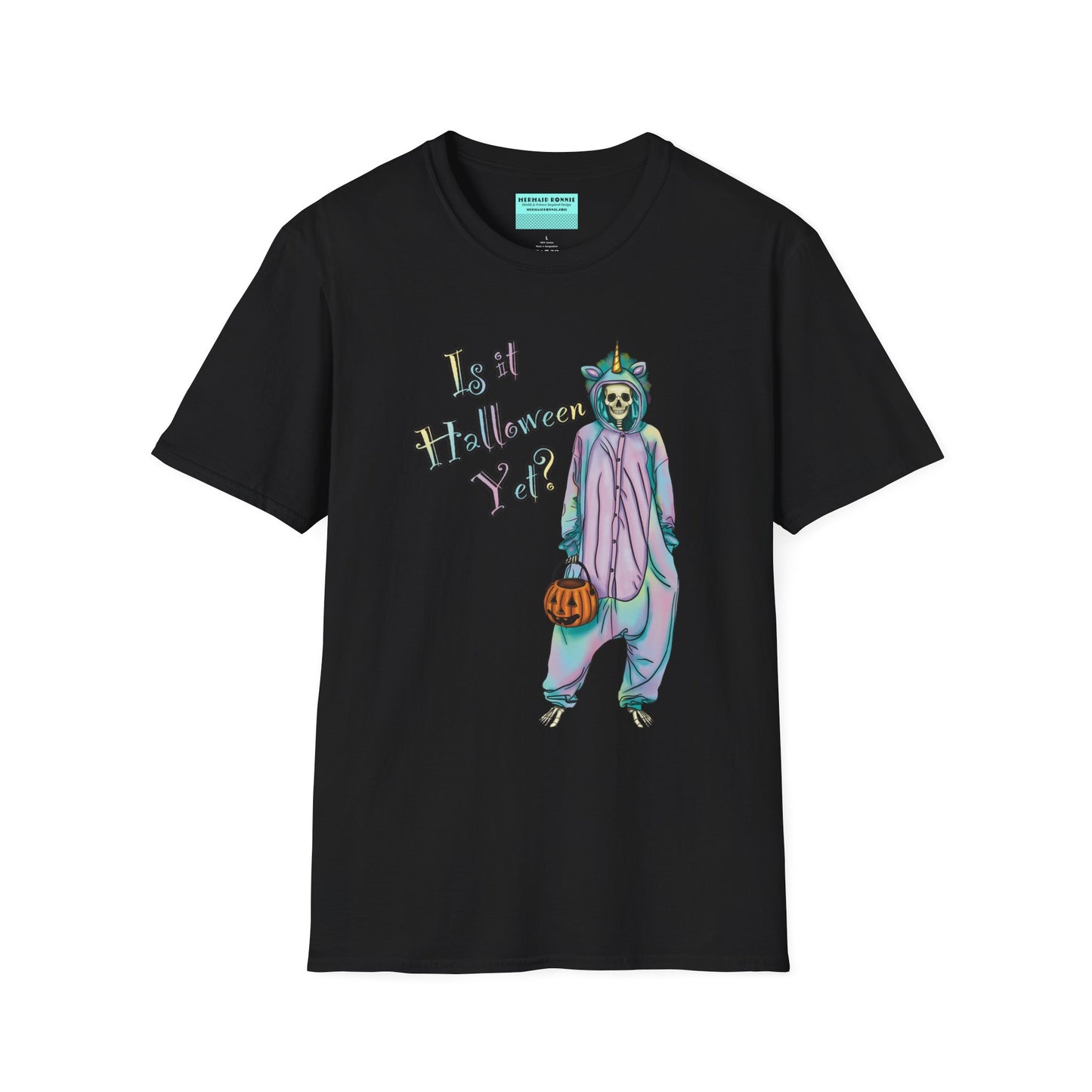 Black t-shirt featuring a drawing of a skeleton in a unicorn costume onesie, with the phrase 'Is it Halloween yet?' printed on it.