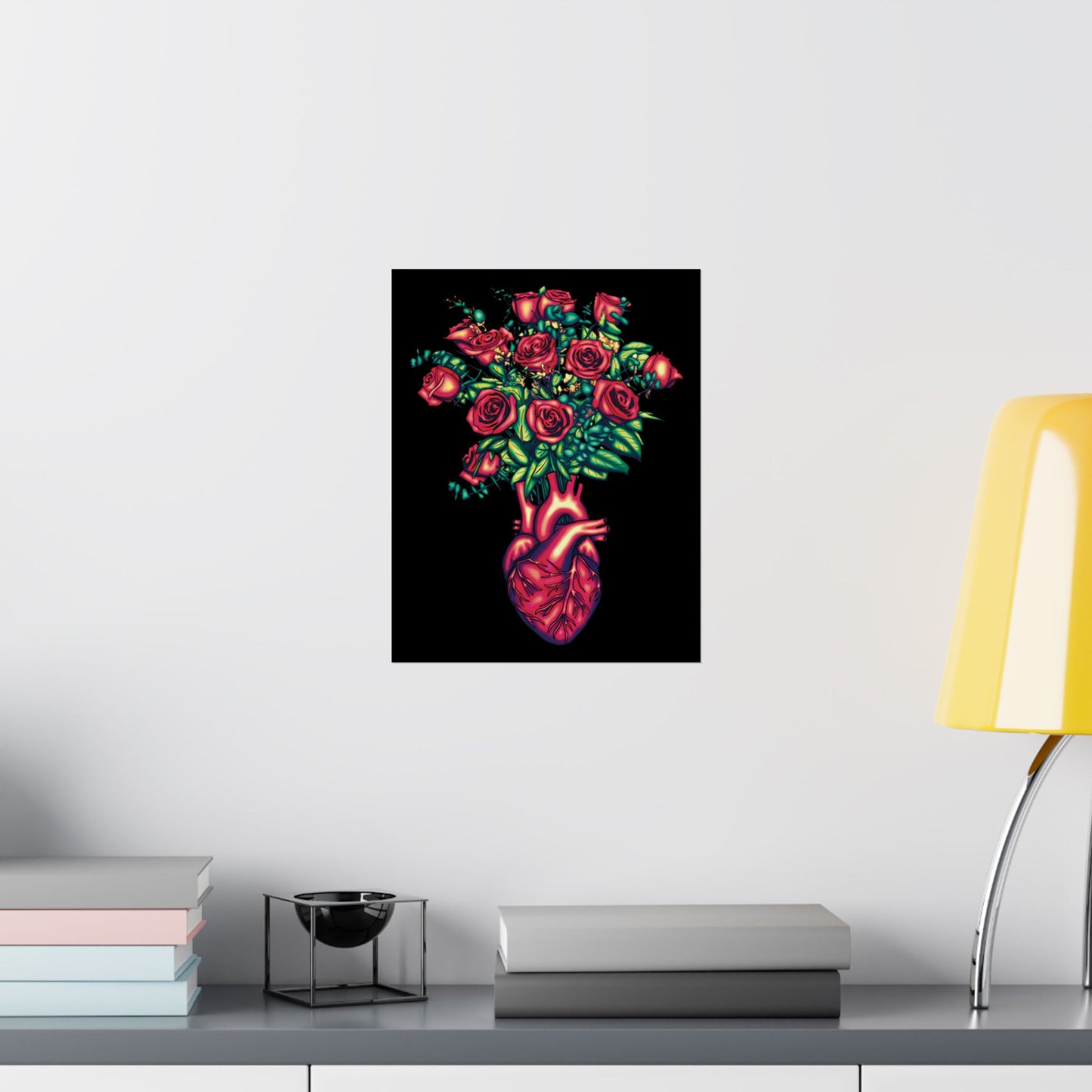 Anatomical Heart with Roses Art Print, Gothic Wall Decor Poster, Black and Red Floral Wall Poster