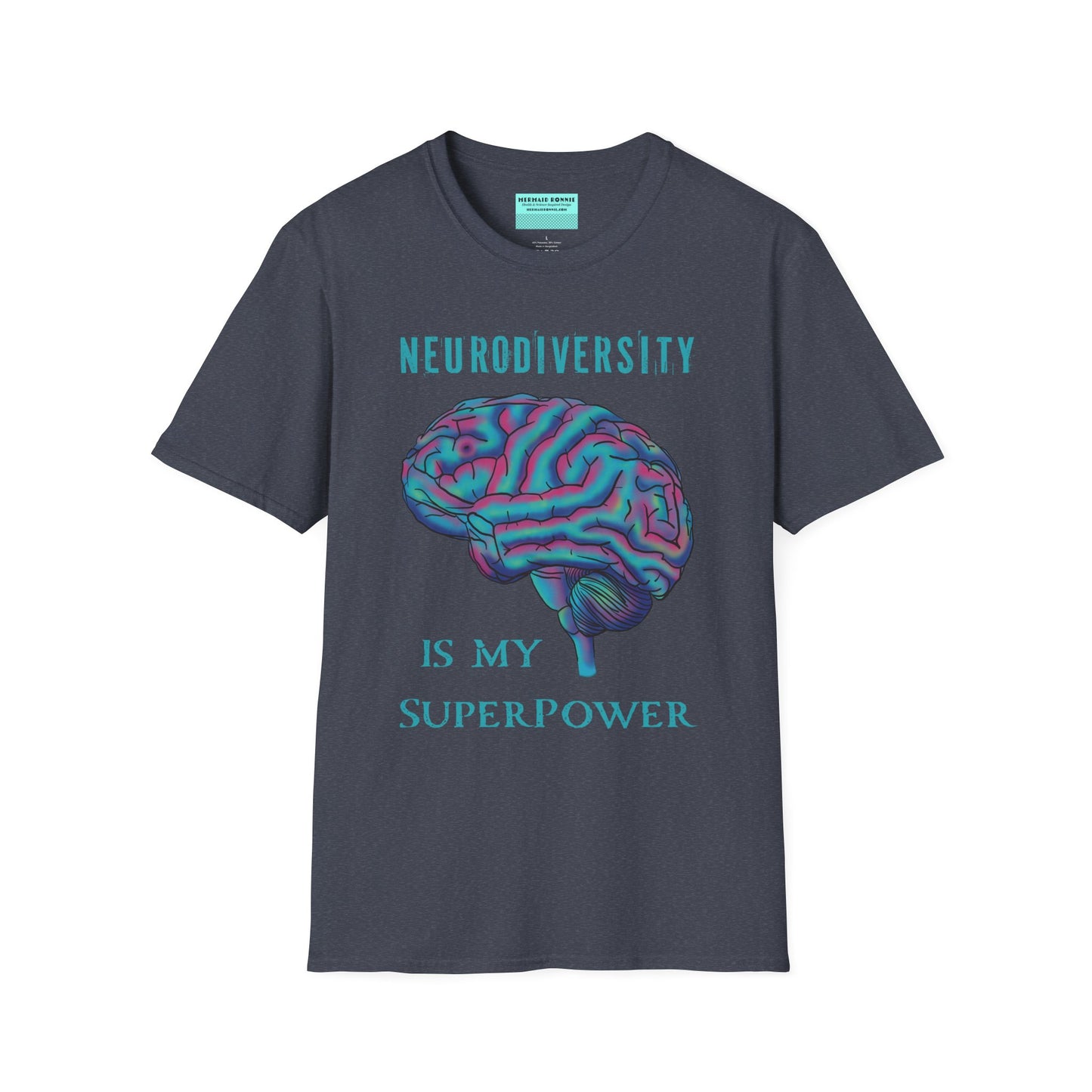 Dark grey t-shirt featuring an anatomical drawing of a brain, with the phrase 'Neurodiversity is my superpower' printed on it.