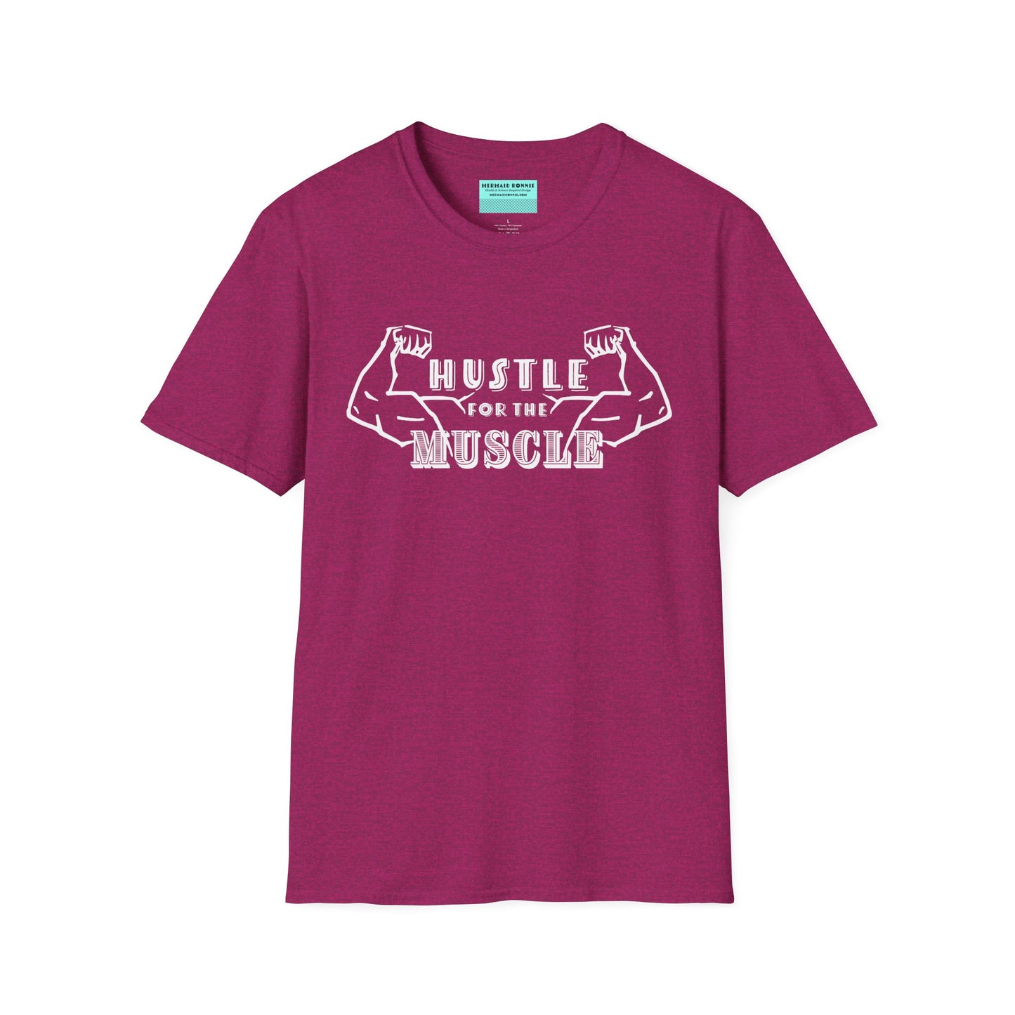Pink unisex short sleeve t-shirt featuring a pair of flexed, muscle-bound arms and the bold text "Hustle for the Muscle"—because gains don’t come from wishes, they come from reps.